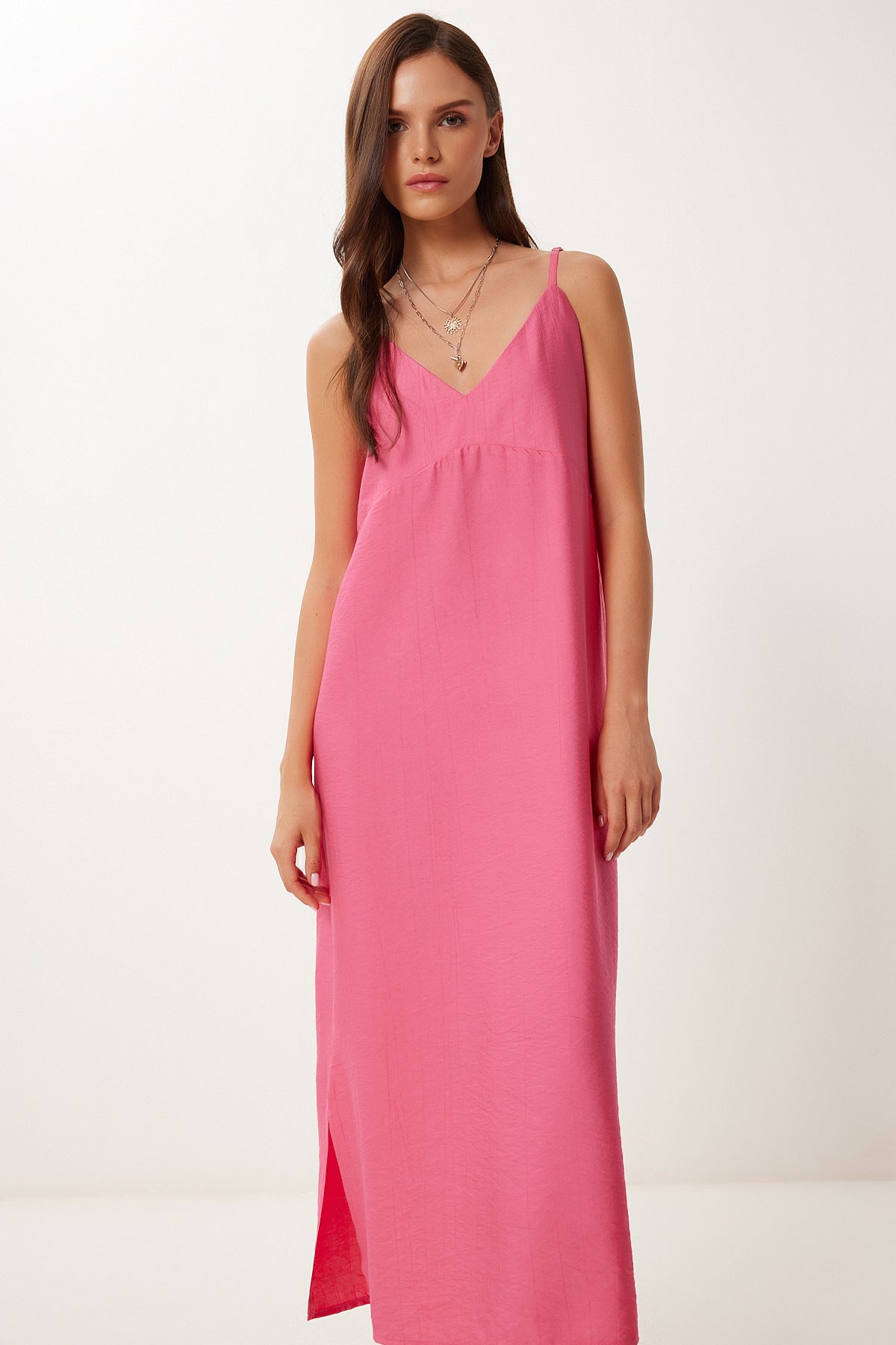 Pembe Askılı Yazlık Midi Krinkıl Elbise MX00195