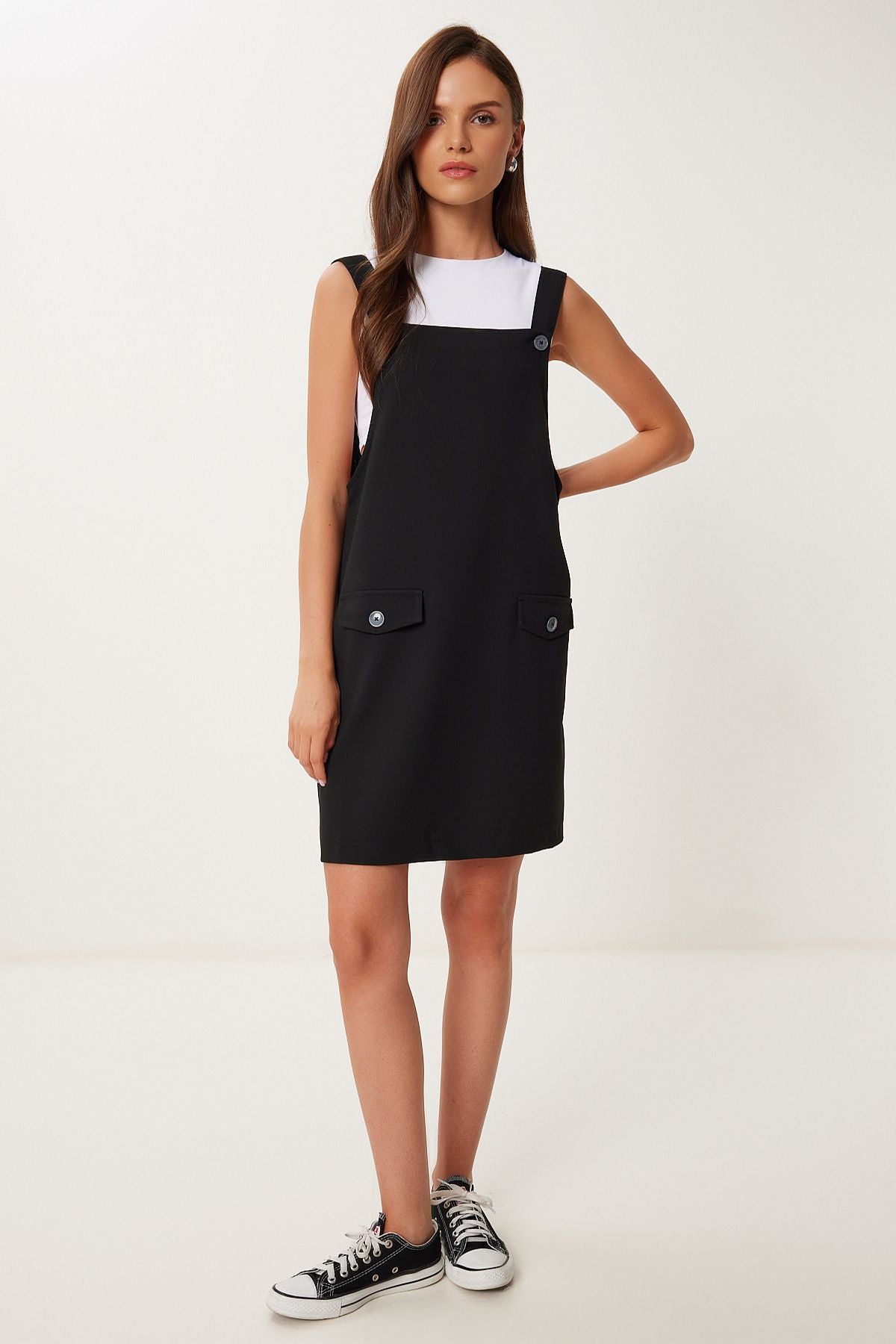 Siyah Mini Dokuma Salopet Elbise MX00208