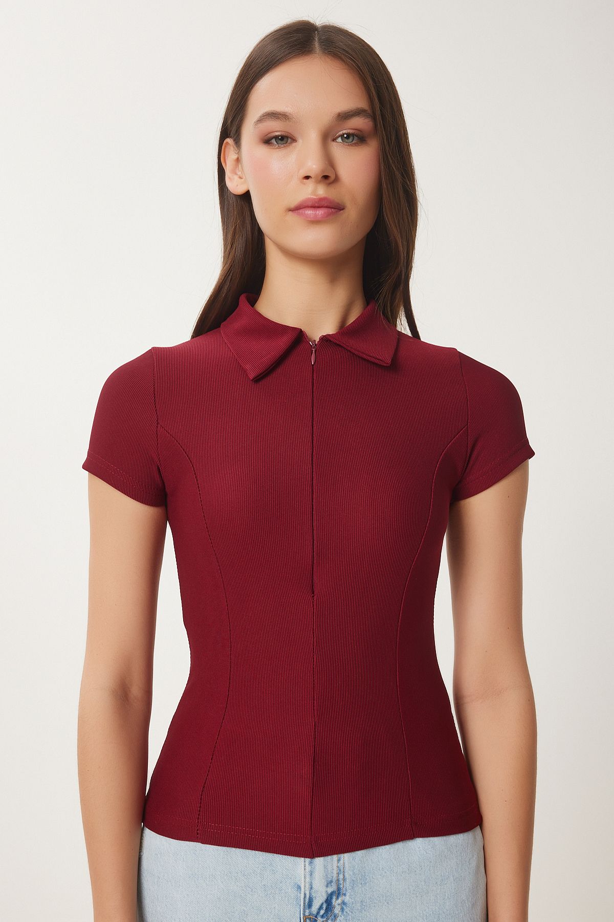 Bordo Polo Yaka Fermuarlı Örme Bluz CI00114