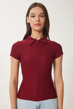 Bordo Polo Yaka Fermuarlı Örme Bluz CI00114