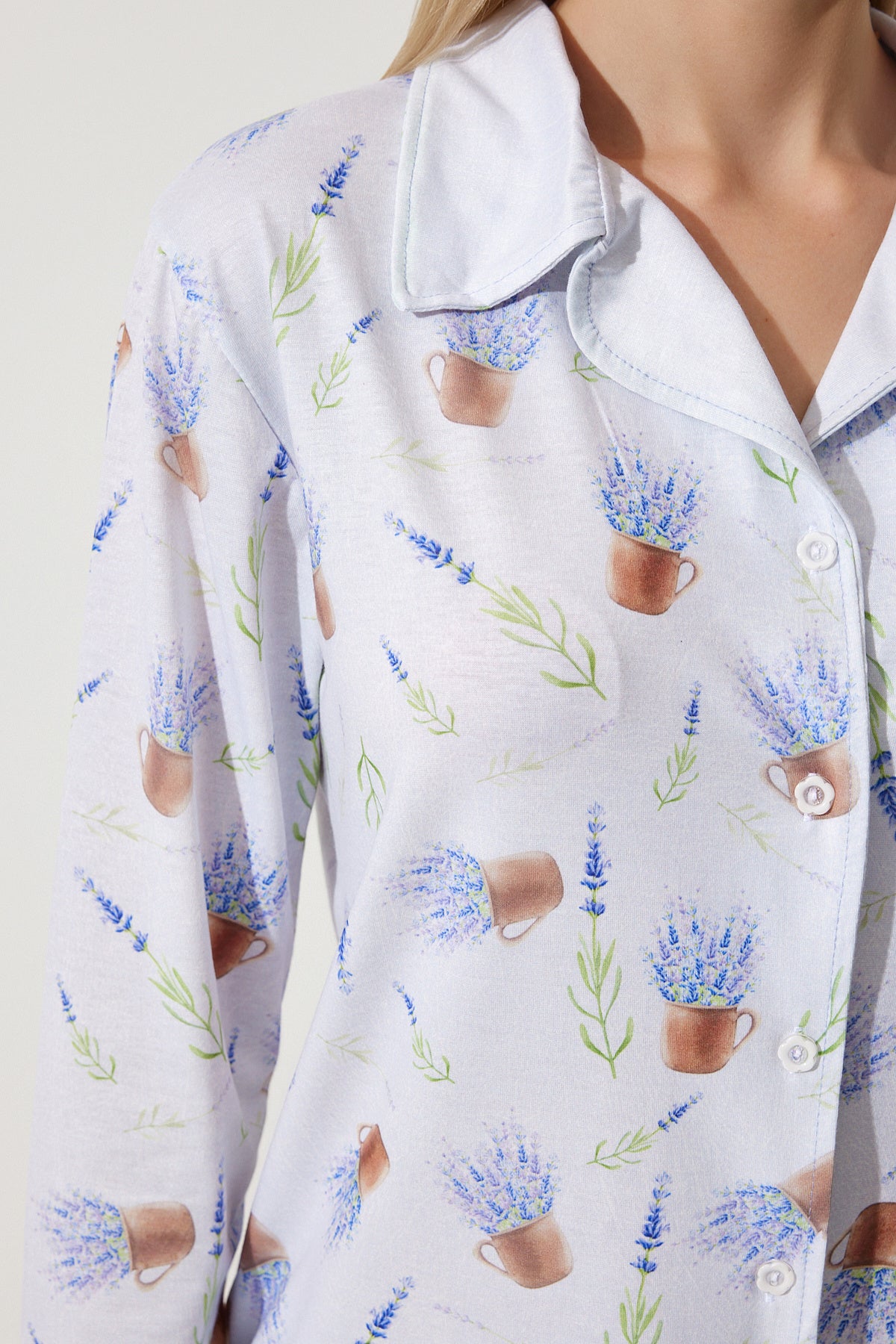 Leylak Desenli Gömlek-Pantolon Örme Pijama Takımı TK00092