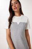 Gri T-Shirt Detaylı Kontrast Renkli Mini Dokuma Elbise MX00214