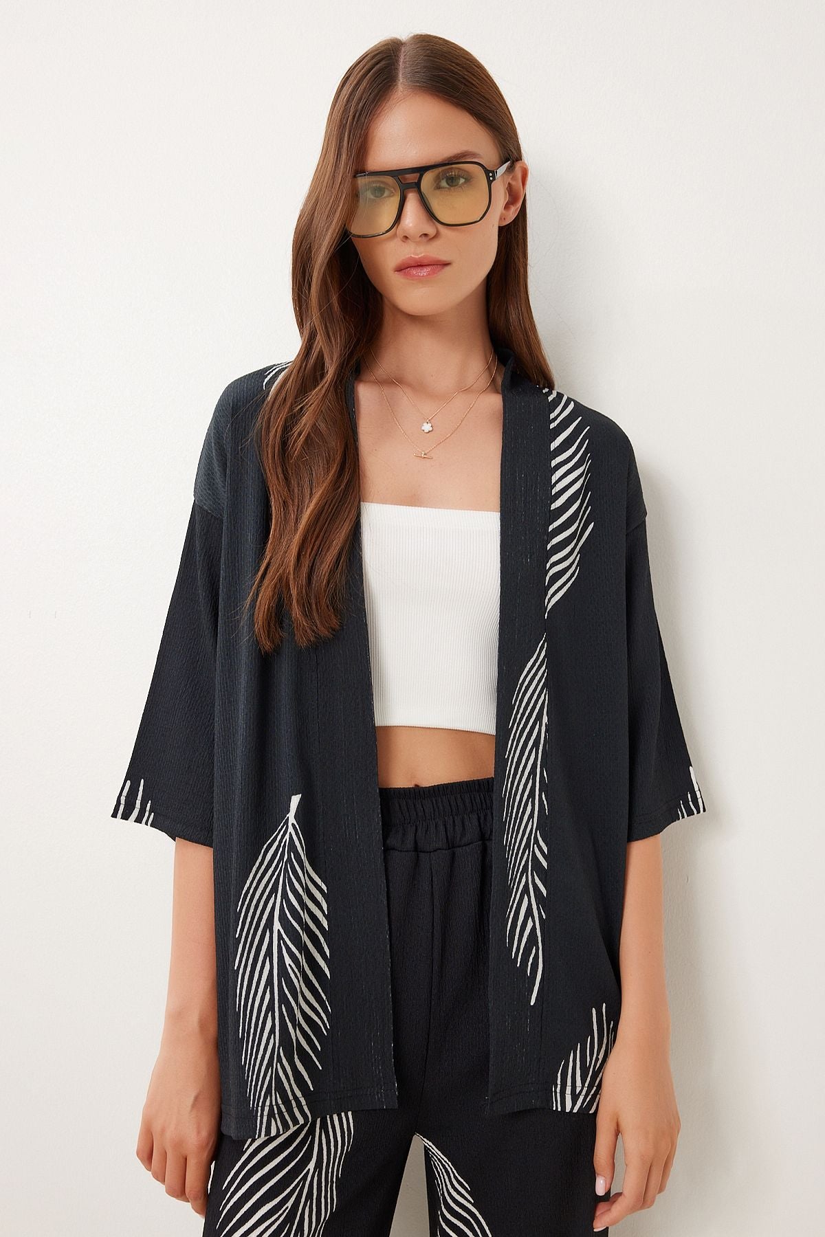 Siyah Kemik Desenli Krinkıl Örme Kimono Pantolon Takım İY00006