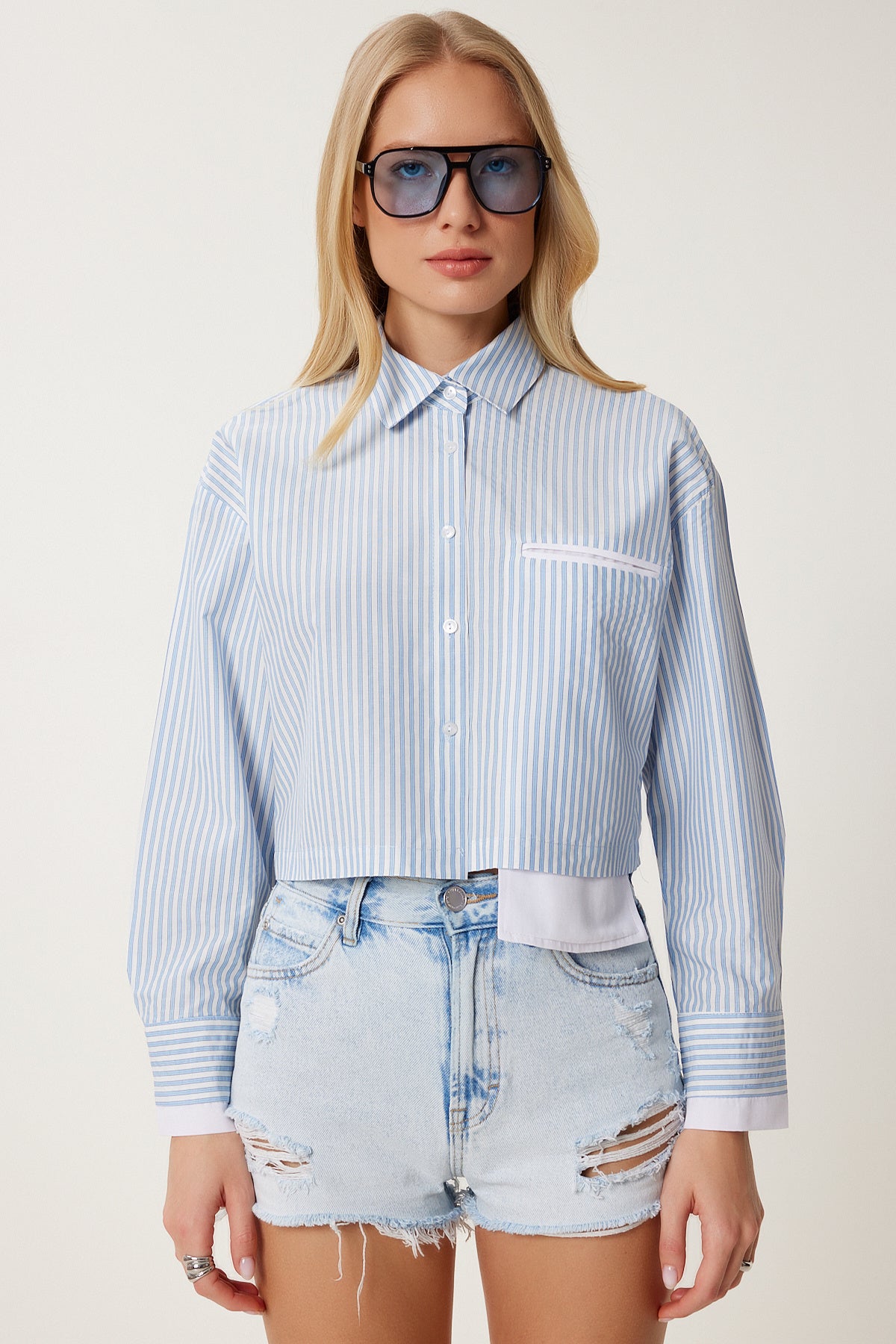 Gök Mavi Kontrast Detaylı Çizgili Crop Dokuma Gömlek MX00189