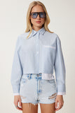 Gök Mavi Kontrast Detaylı Çizgili Crop Dokuma Gömlek MX00189