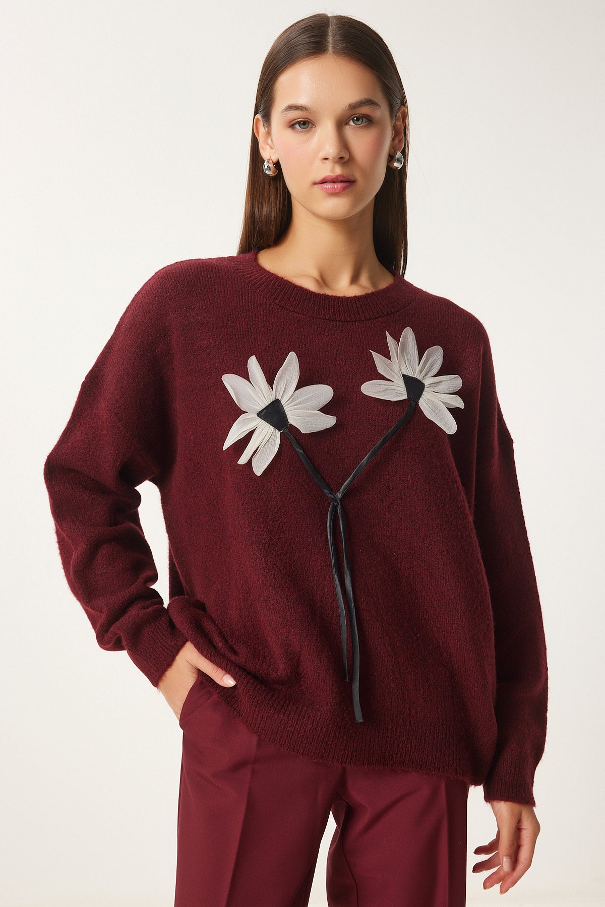 Bordo Çiçek Detaylı Triko Kazak PF00103