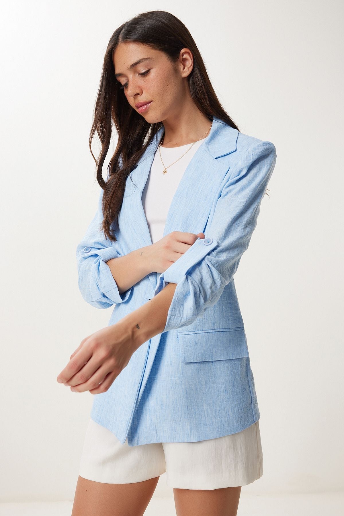 Gök Mavi Vatkalı Keten Blazer Ceket XL00003