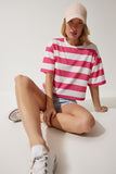 Beyaz Pembe Bisiklet Yaka Çizgili Crop Örme T-Shirt HF00452