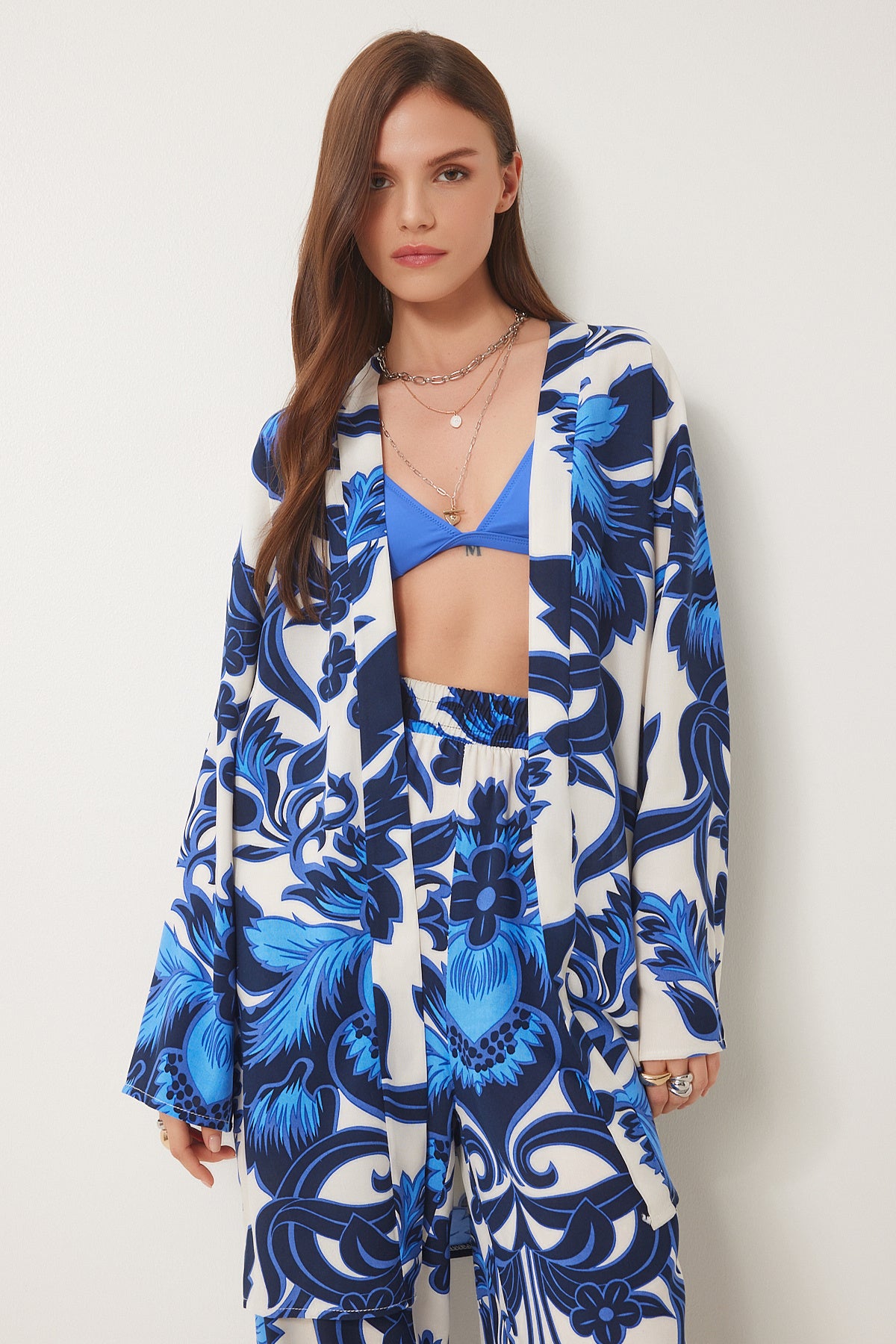 Mavi Kemik Desenli Viskon Kimono Pantolon Takım JE00002
