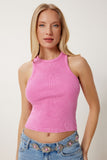 Pembe Halter Yaka Yıkamalı Fitilli Örme Bluz NS00437