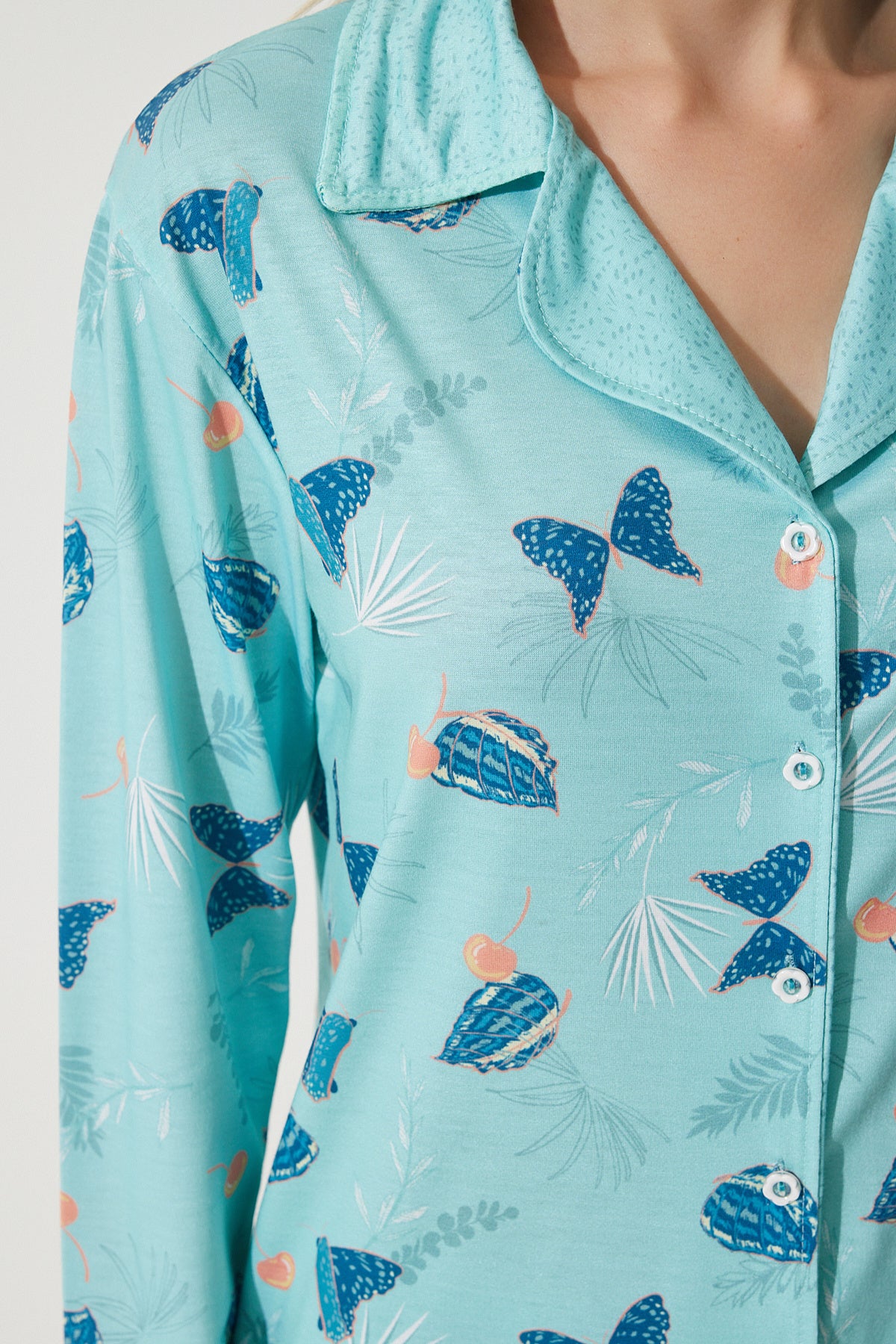 Su Yeşili Desenli Gömlek-Pantolon Örme Pijama Takımı TK00092