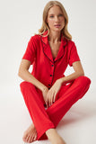 Kırmızı Biye Detaylı Gömlek Pantolon Pijama Takım EC00038