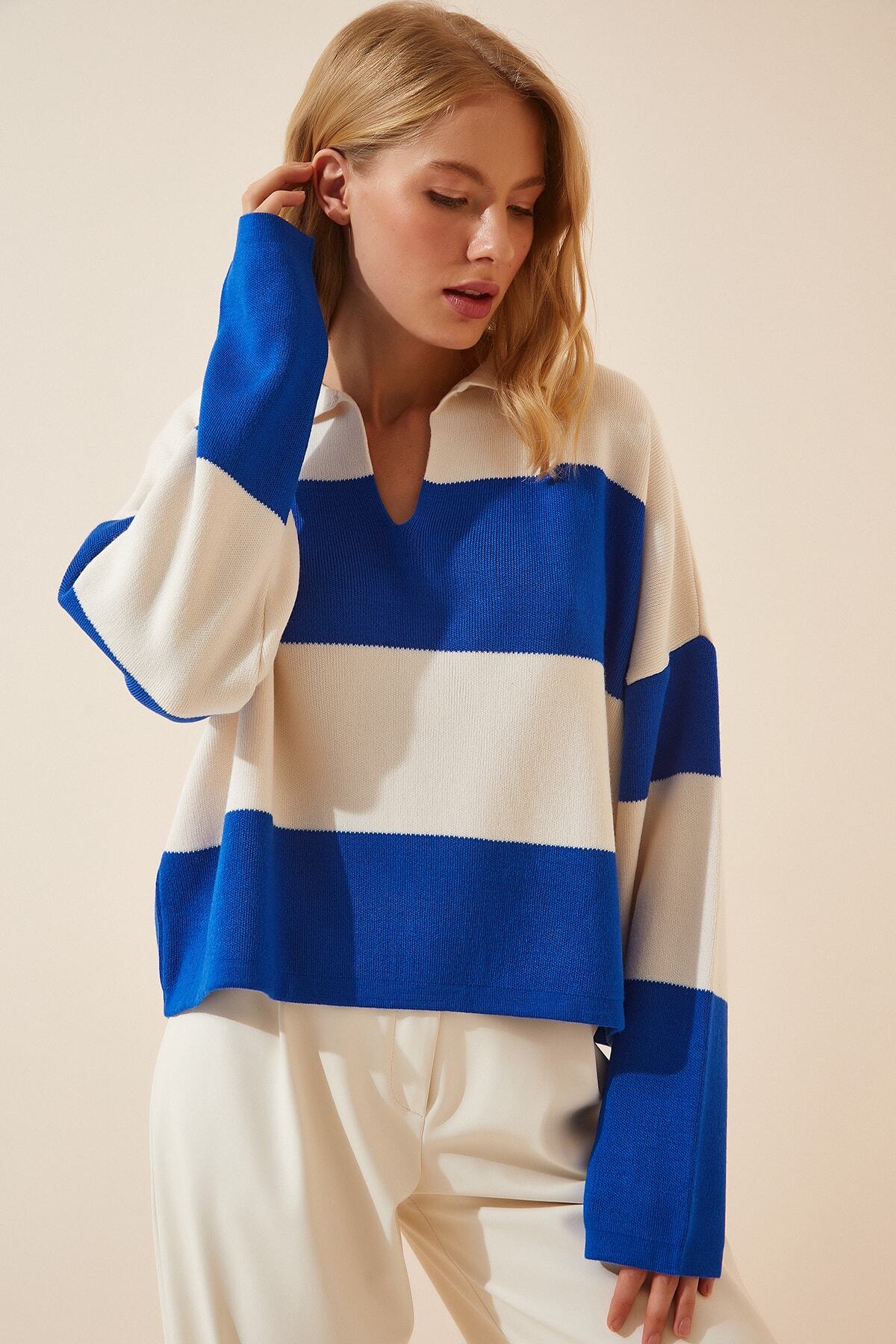 Mavi Kemik Polo Yaka Oversize Crop Triko Kazak  US00685