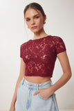Bordo Dantelli Esnek Crop Bluz KH00094