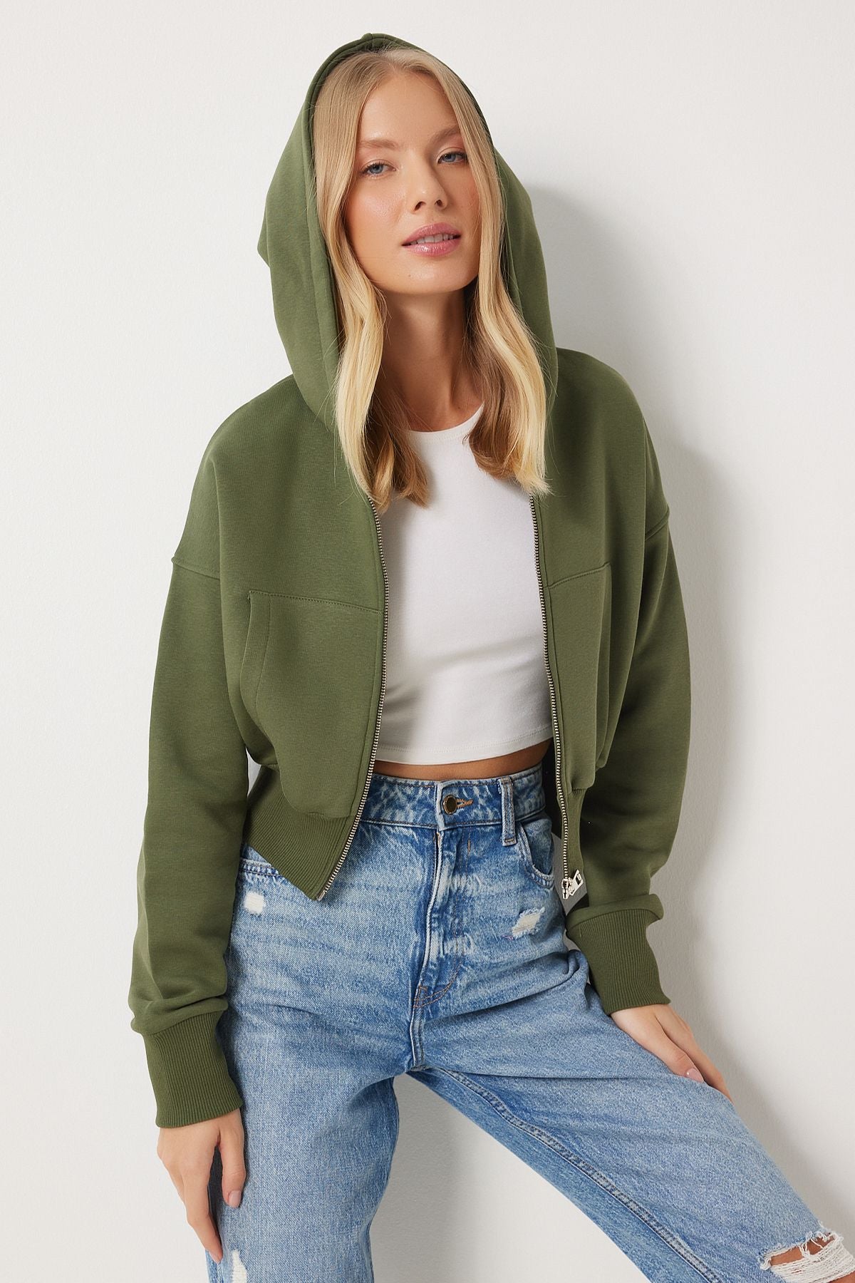Haki Kapüşonlu Şardonlu Fermuarlı Sweatshirt OW00051