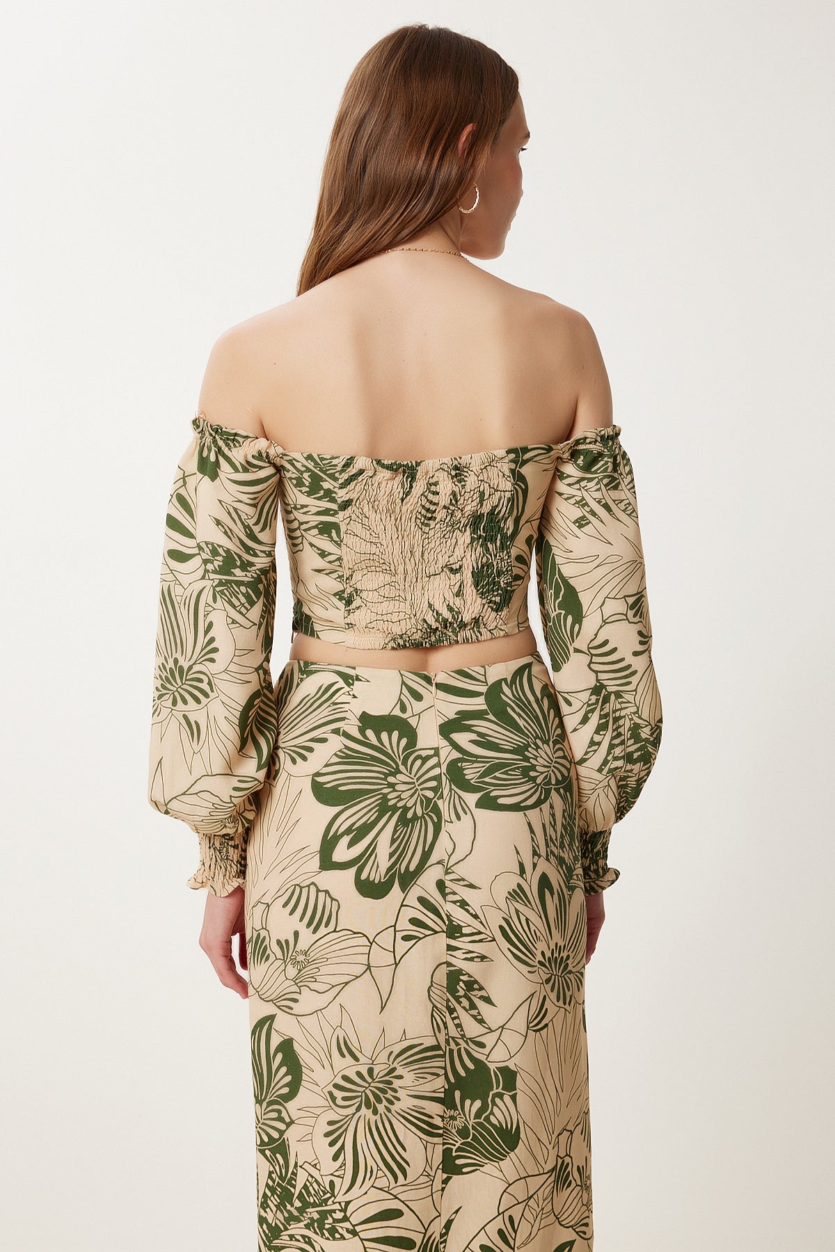 Bej Haki Desenli Keten Crop Etek Takım WF00148