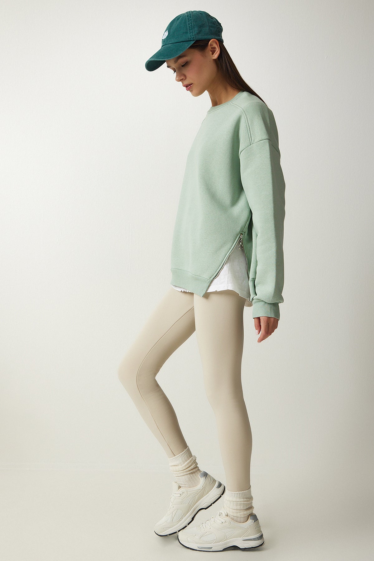 Su Yeşili Fermuar Detaylı Şardonlu Örme Sweatshirt UB00148