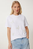 Beyaz İncili Kelebek Taşlı Örme T-Shirt MP00033