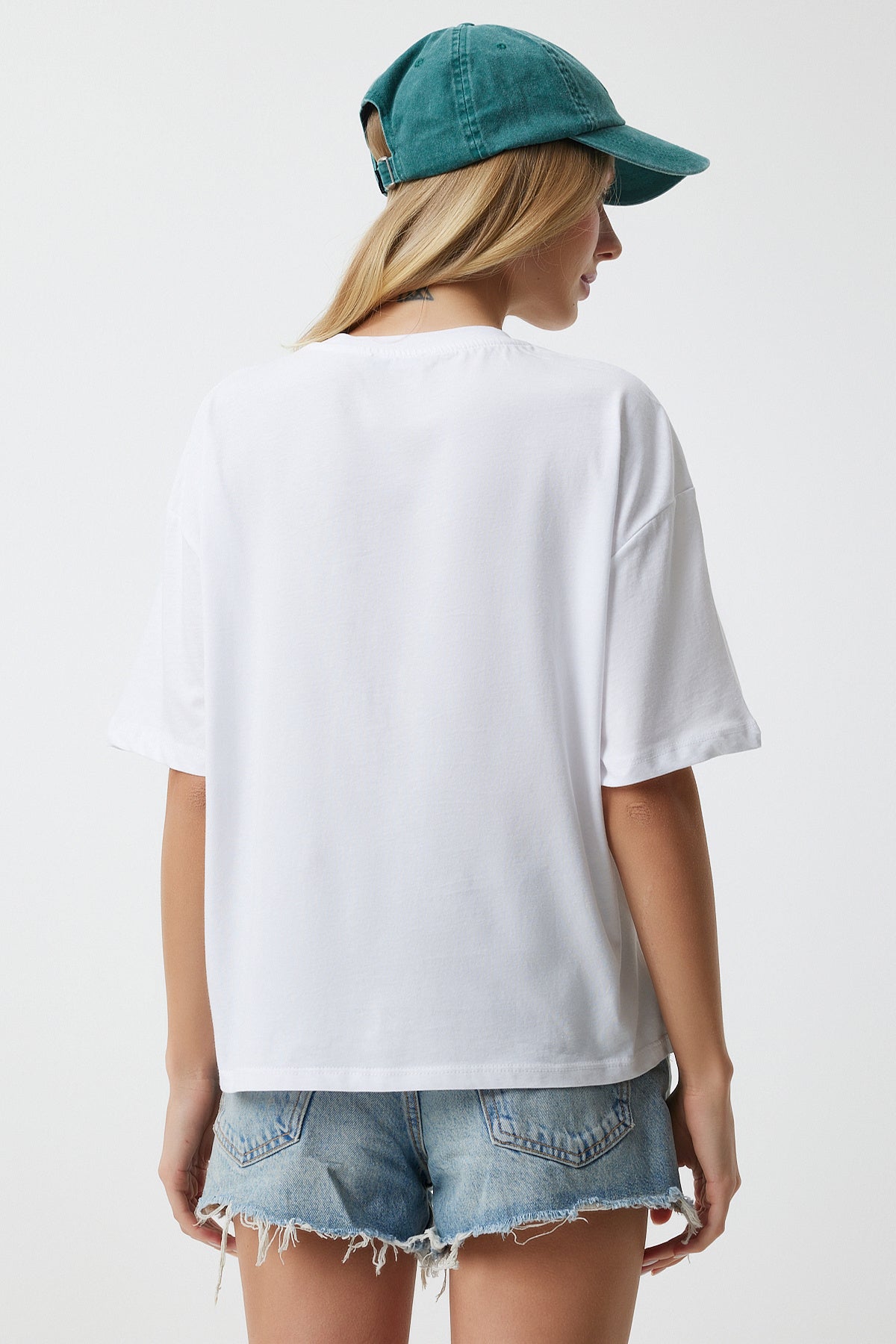 Beyaz Baskılı Oversize Örme T-Shirt DD01326
