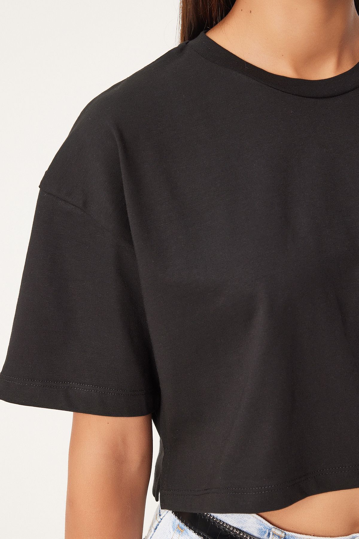 Siyah %100 Pamuk Oversize Crop Örme T-Shirt BP00164