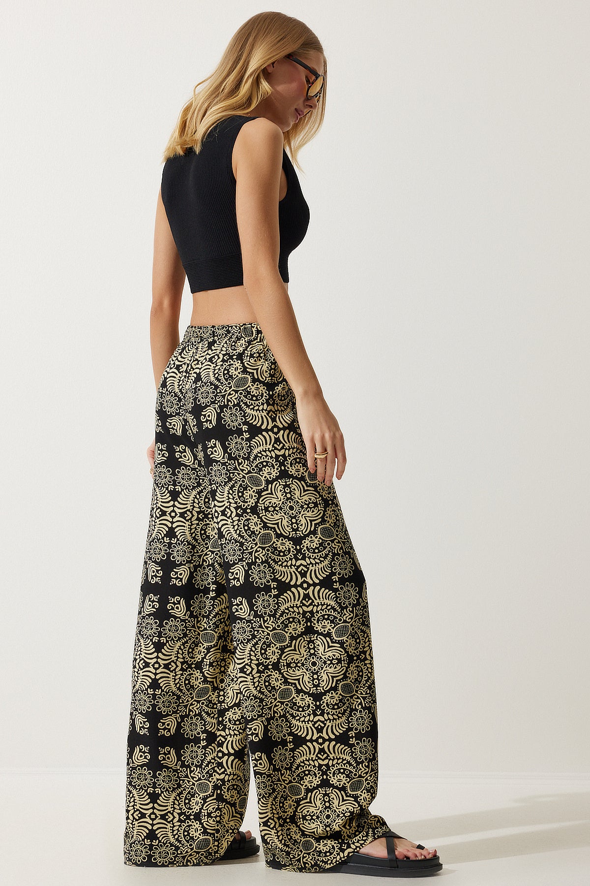 Siyah Bej Desenli Ham Keten Palazzo Pantolon BH00397