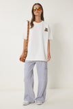 Ekru Ayıcık İşlemeli Oversize Örme T-Shirt ZV00286