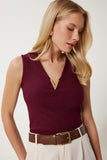 Bordo Gold Aksesuarlı Fitilli Örme Bluz ZV00308