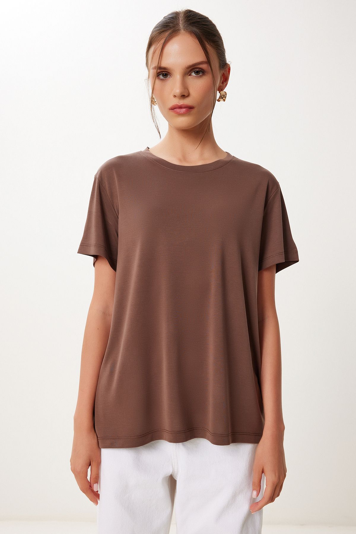 Vizon Kahverengi 2’Li Paket Basic Modal Örme T-Shirt FN03468