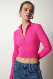 Pembe Fermuarlı Fitilli Crop Triko Kazak PF00027