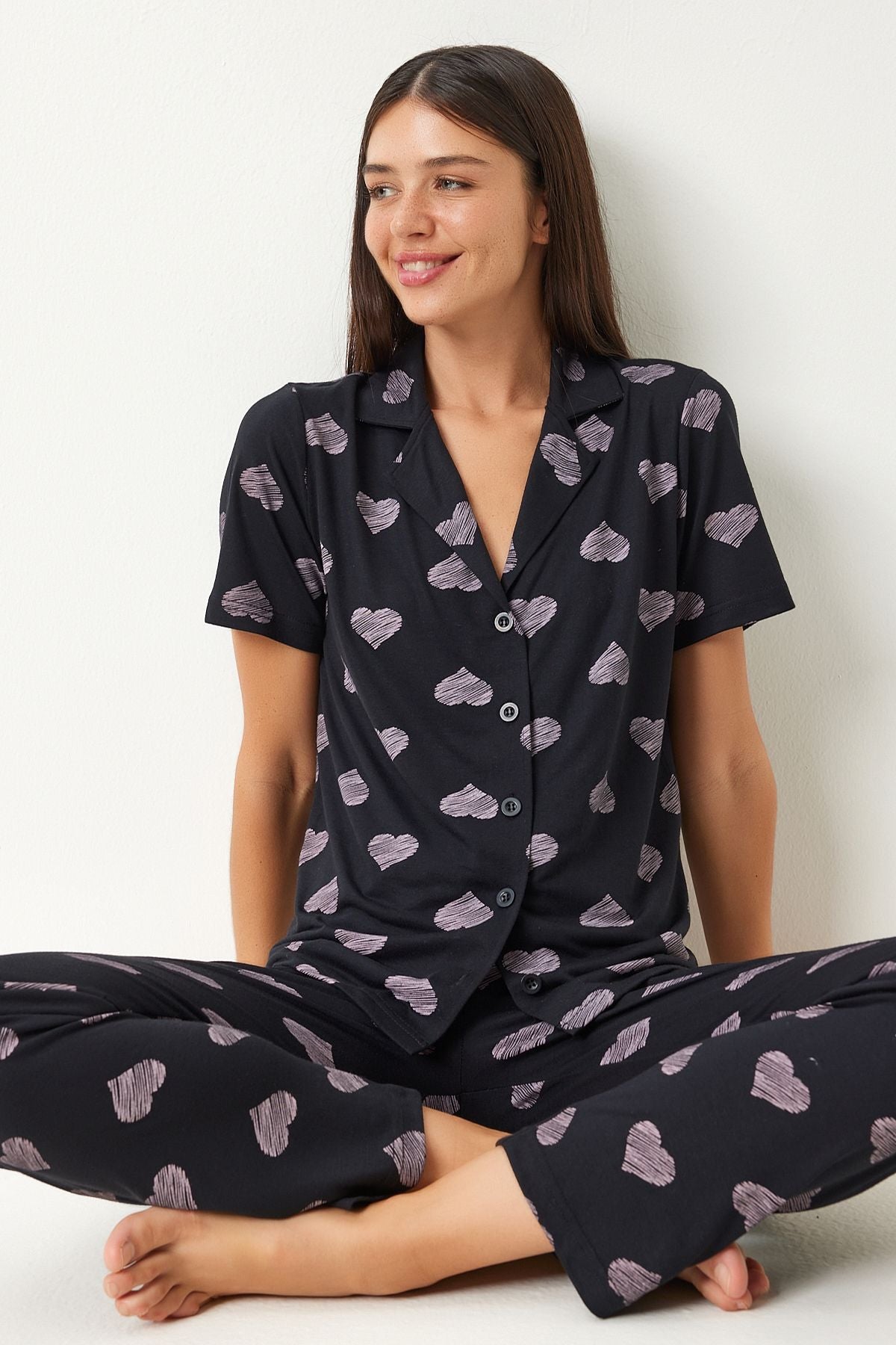Siyah Kalpli Gömlek Pantolon Pijama Takımı EC00042