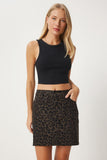 Siyah Kahverengi Leopar Desenli Mini Denim Etek UL00041
