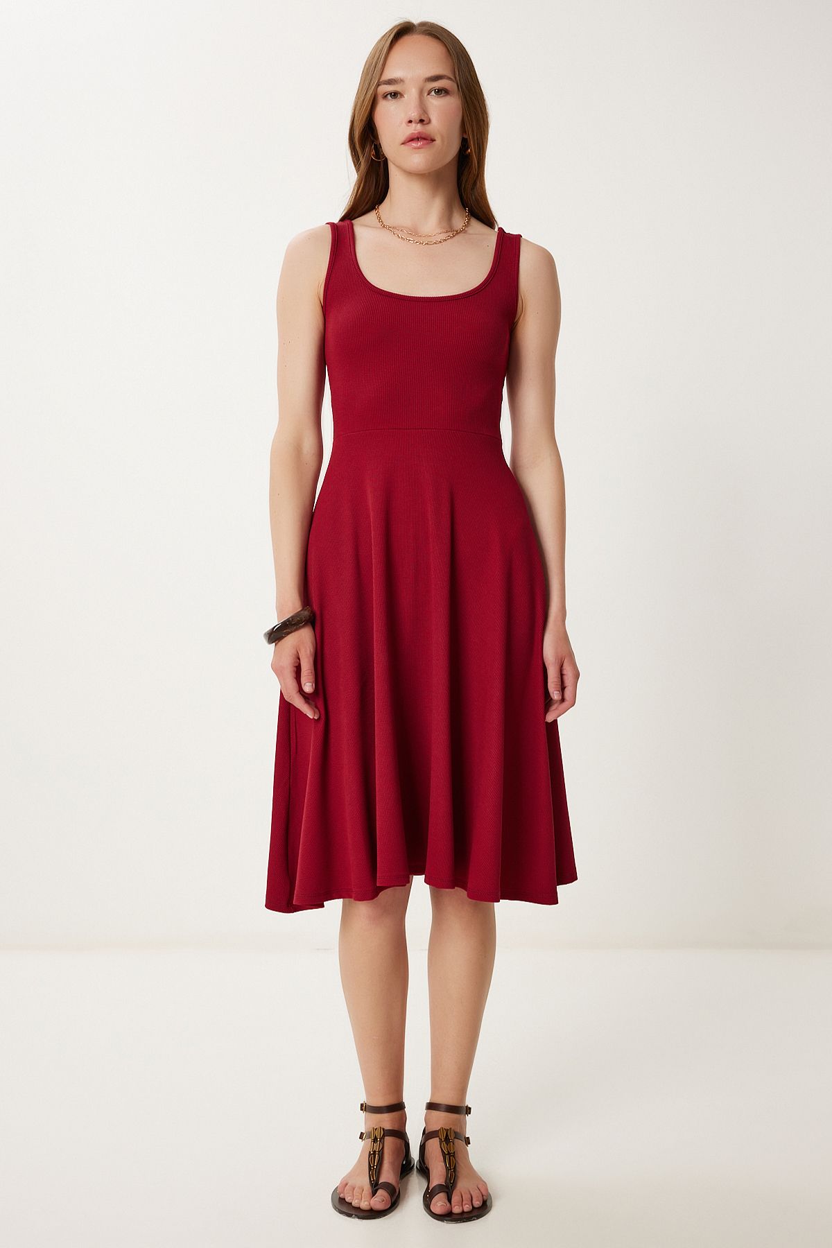 Bordo Askılı Yazlık Fitilli Örme Midi Elbise DZ00127
