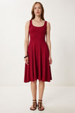 Bordo Askılı Yazlık Fitilli Örme Midi Elbise DZ00127