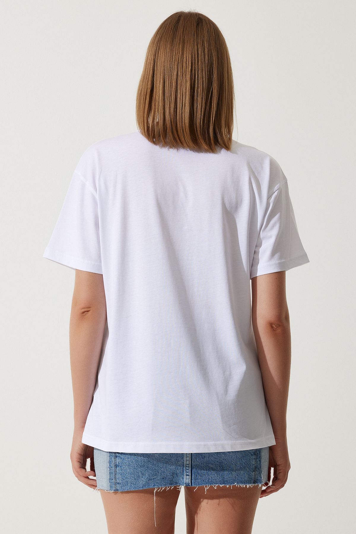 Beyaz Baskılı Oversize Pamuklu T-Shirt NJ00150