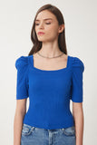 Koyu Mavi Kare Yaka Fitilli Crop Bluz GT00007
