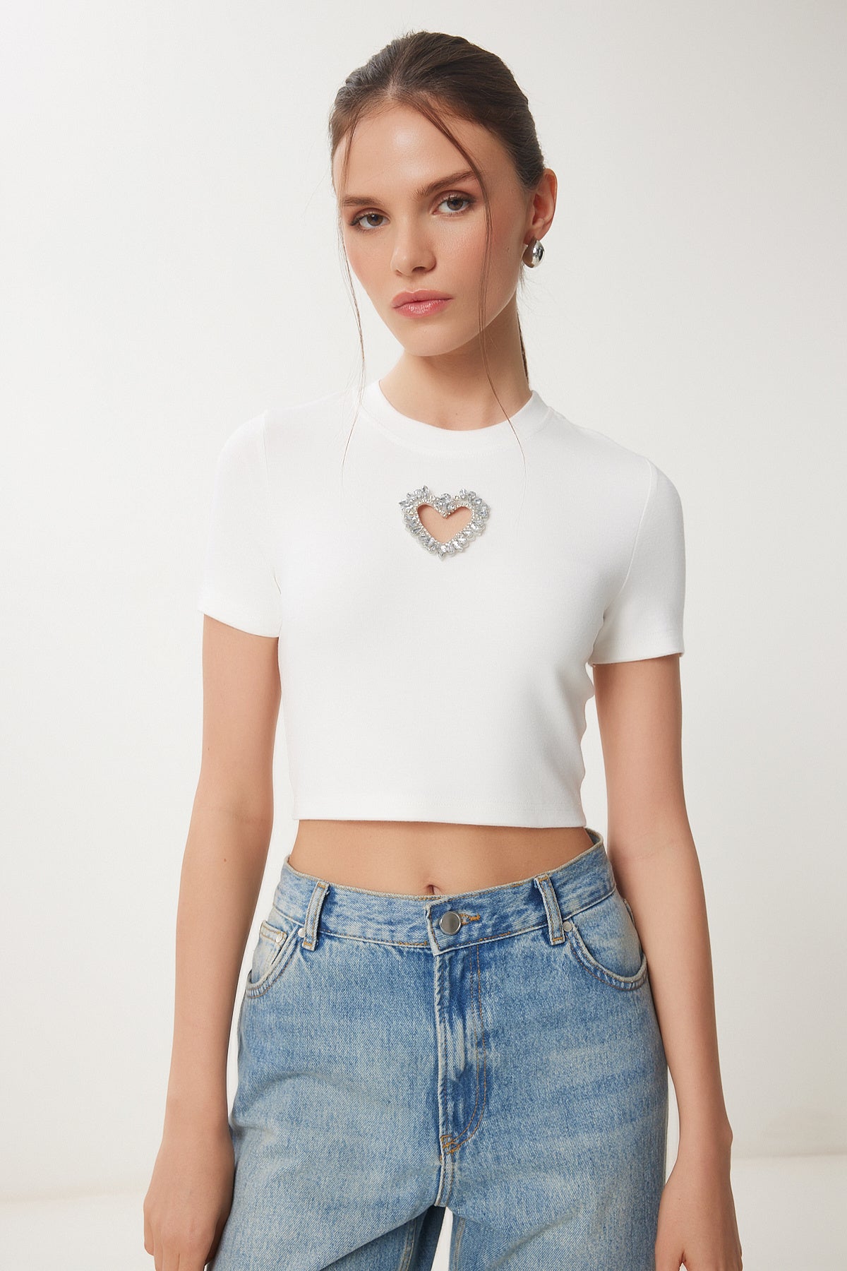 Kemik Şık Taşlı Kalp Detaylı Crop Örme Bluz KH00101