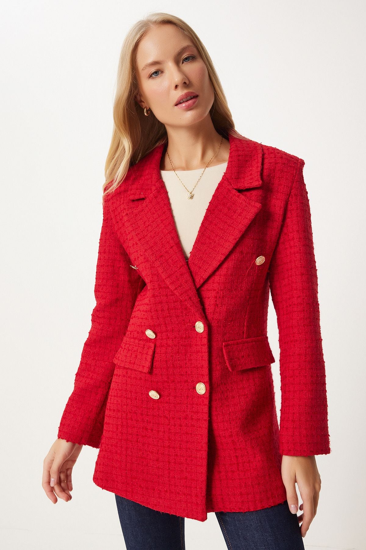 Kırmızı Düğmeli Blazer Tüvit Ceket  WF00004