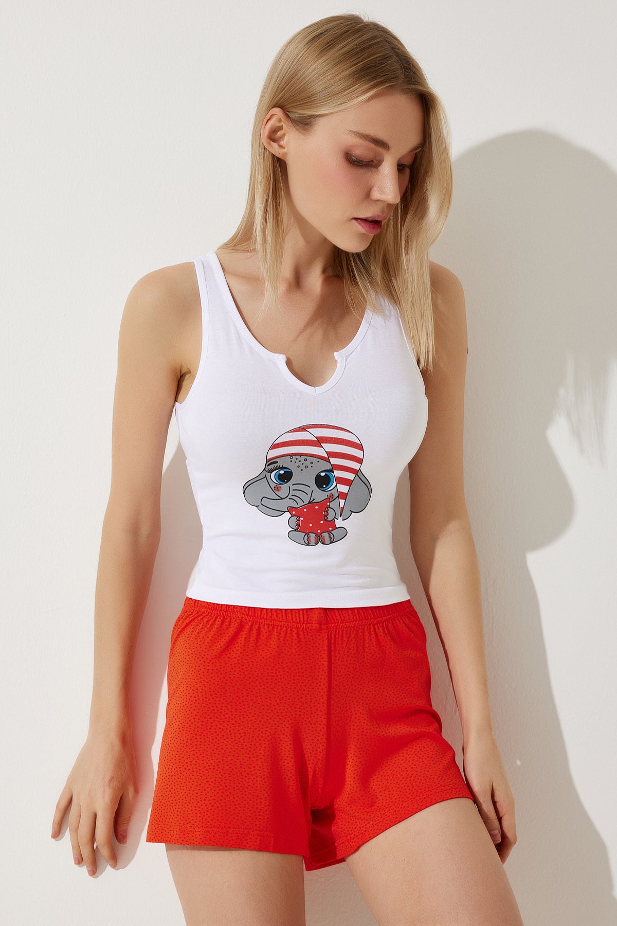 Beyaz Oranj Baskılı Atlet Şort Pijama Takımı CE00093