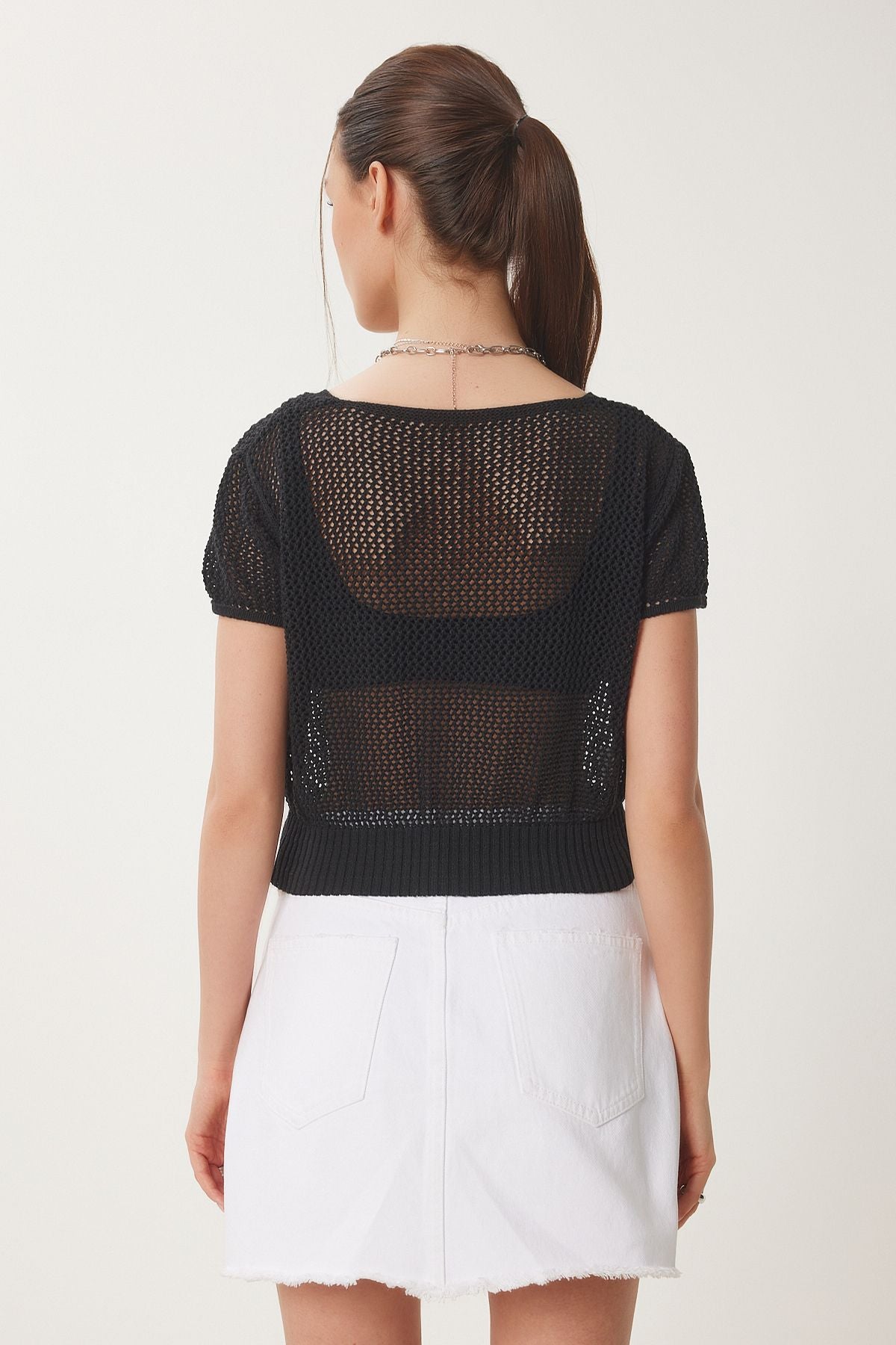 Siyah Ajurlu Yazlık Crop Triko Bluz ZA00076