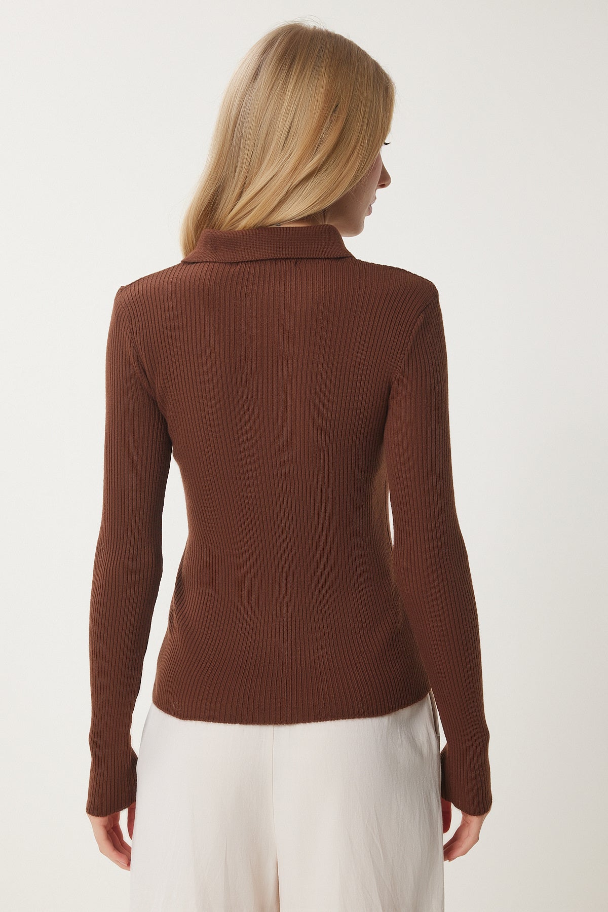 Kahverengi Polo Yaka Fitilli Triko Kazak US00954