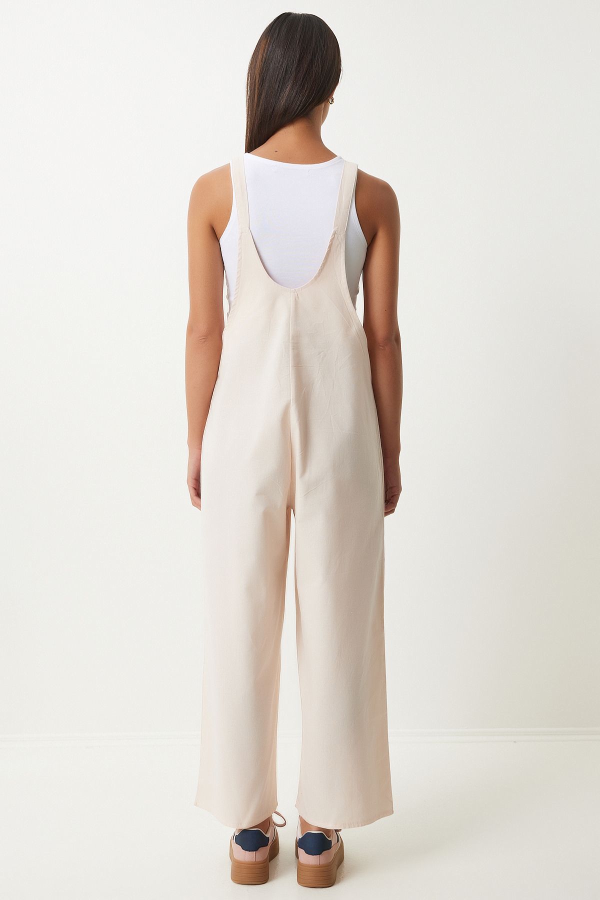 Krem Askılı İnce Gabardin Yazlık Bahçıvan Tulum KY00011
