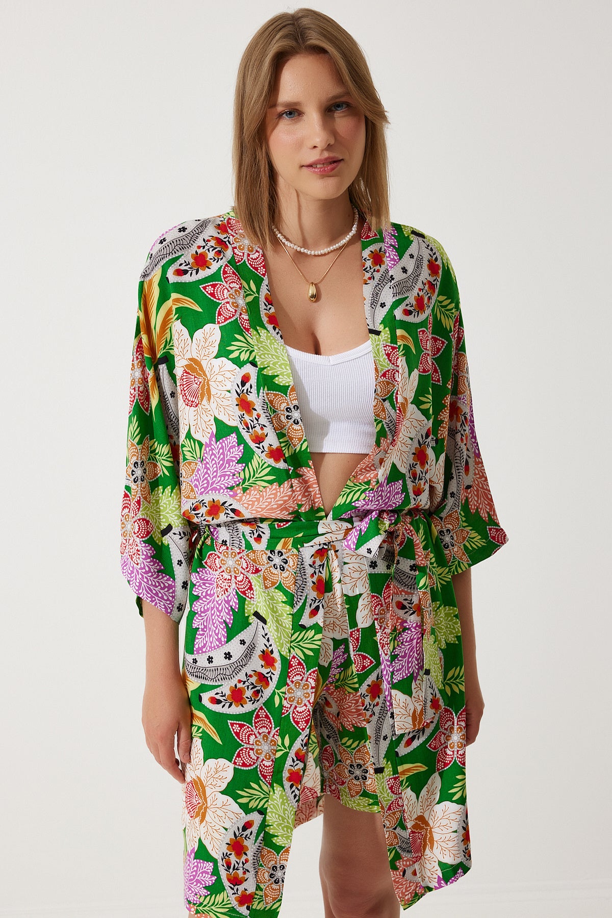 Yeşil Yazlık Viskon Kimono Şort Takım BP00161