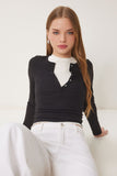Siyah Çıtçıtlı Basic Örme Crop Bluz FW00002