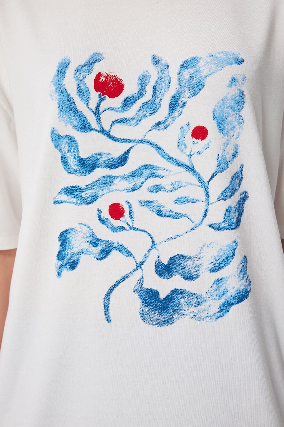 Ekru Baskılı Oversize Örme T-Shirt ZV00292