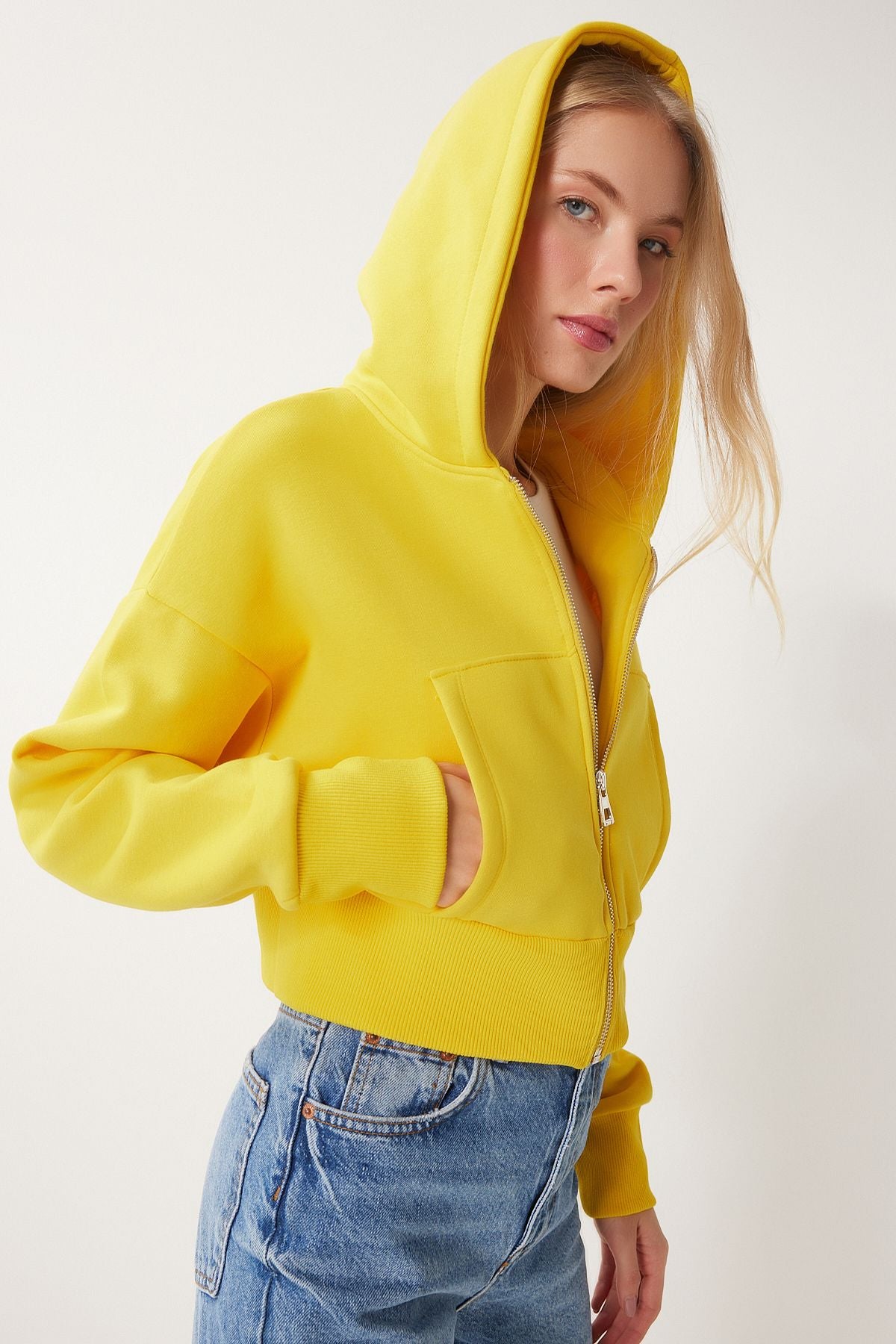 Sarı Kapüşonlu Şardonlu Fermuarlı Sweatshirt OW00051
