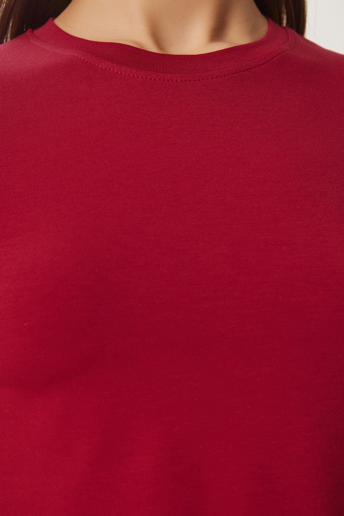 Bordo Bisiklet Yaka Crop T-Shirt UB00064