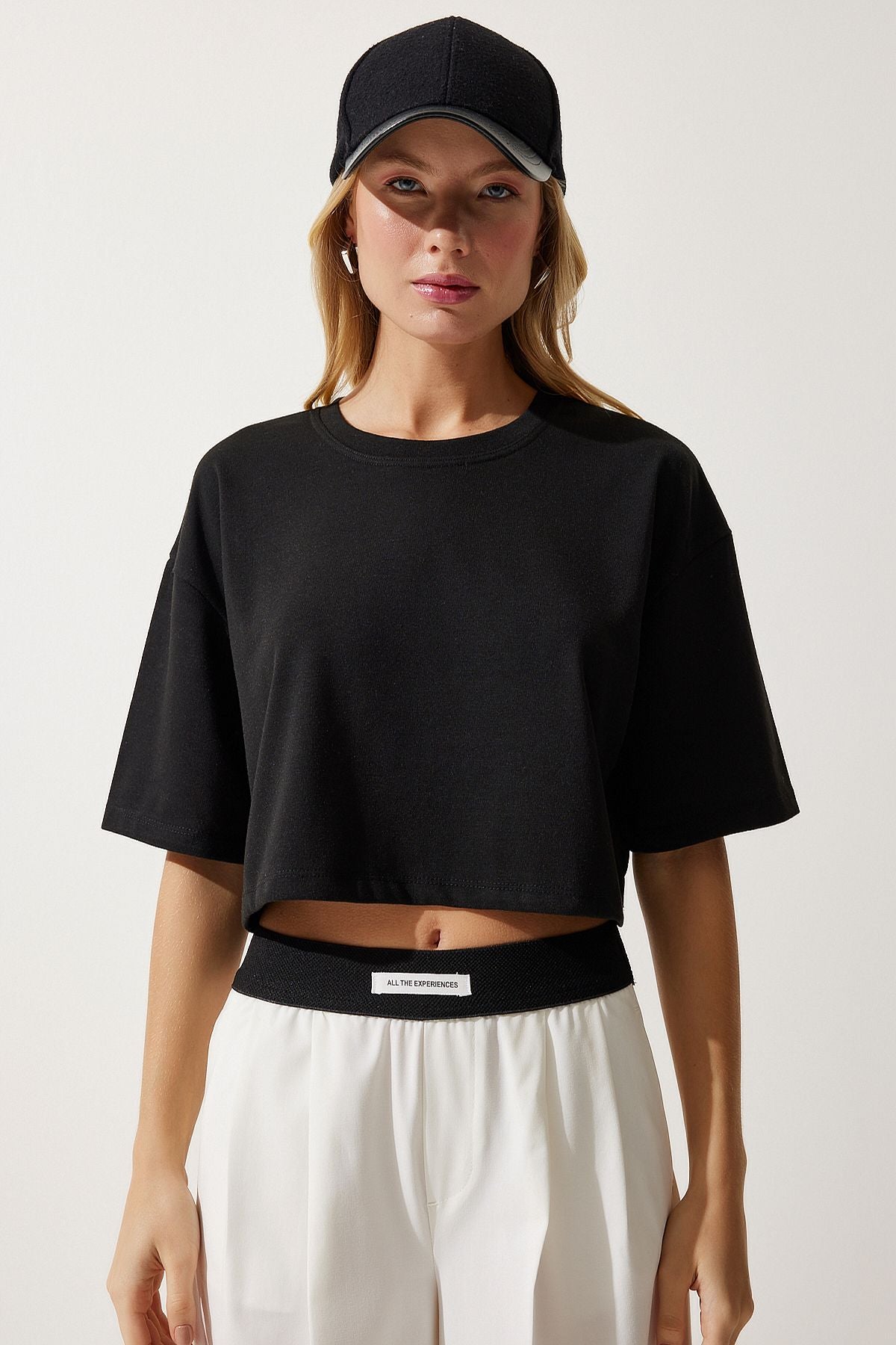 Siyah Basic Crop Örme T-Shirt RG00008