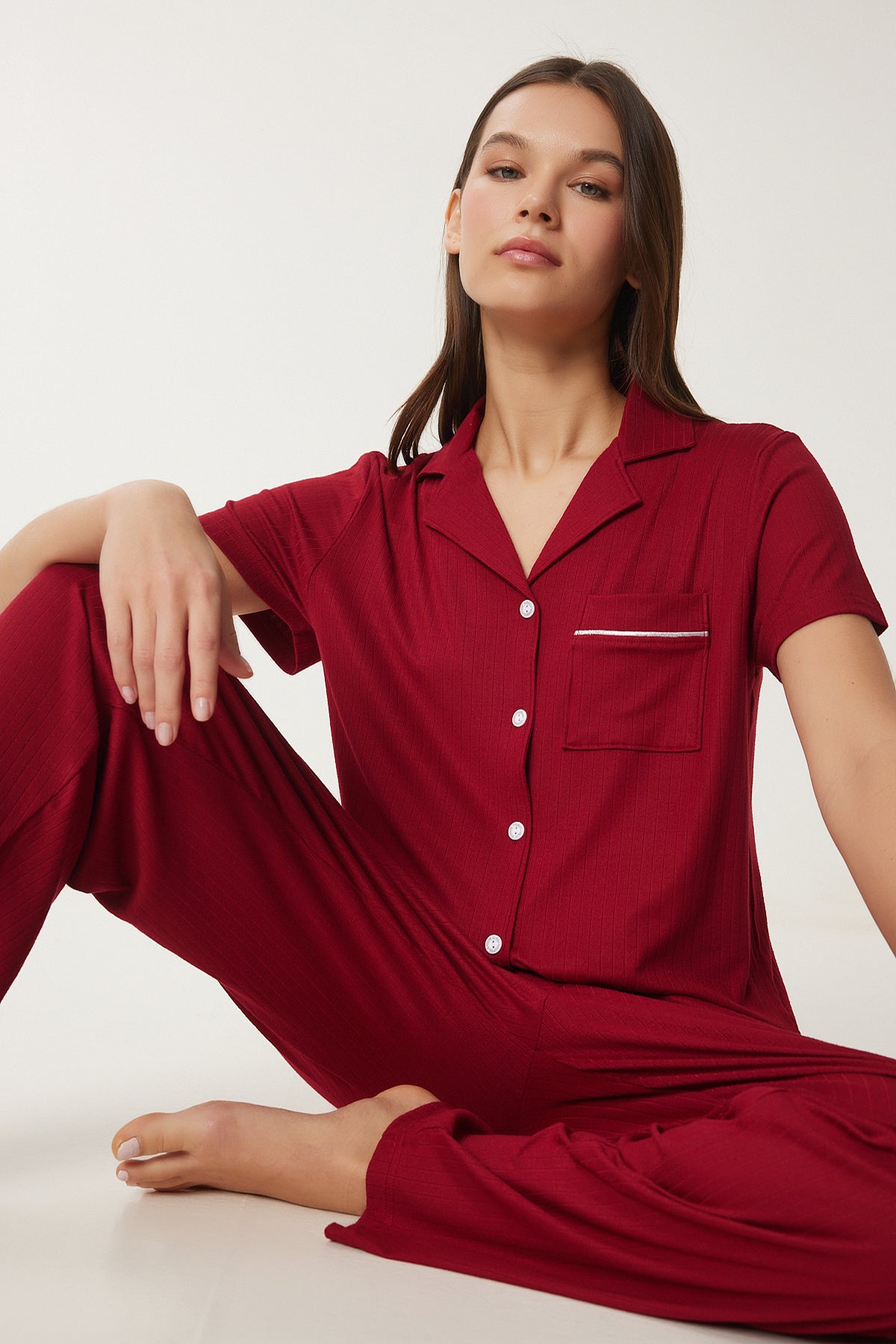 Bordo Gömlek Alt Örme Pijama Takımı PQ00001