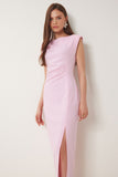 Pembe Vatkalı Drapeli Midi Dokuma Elbise WF00101