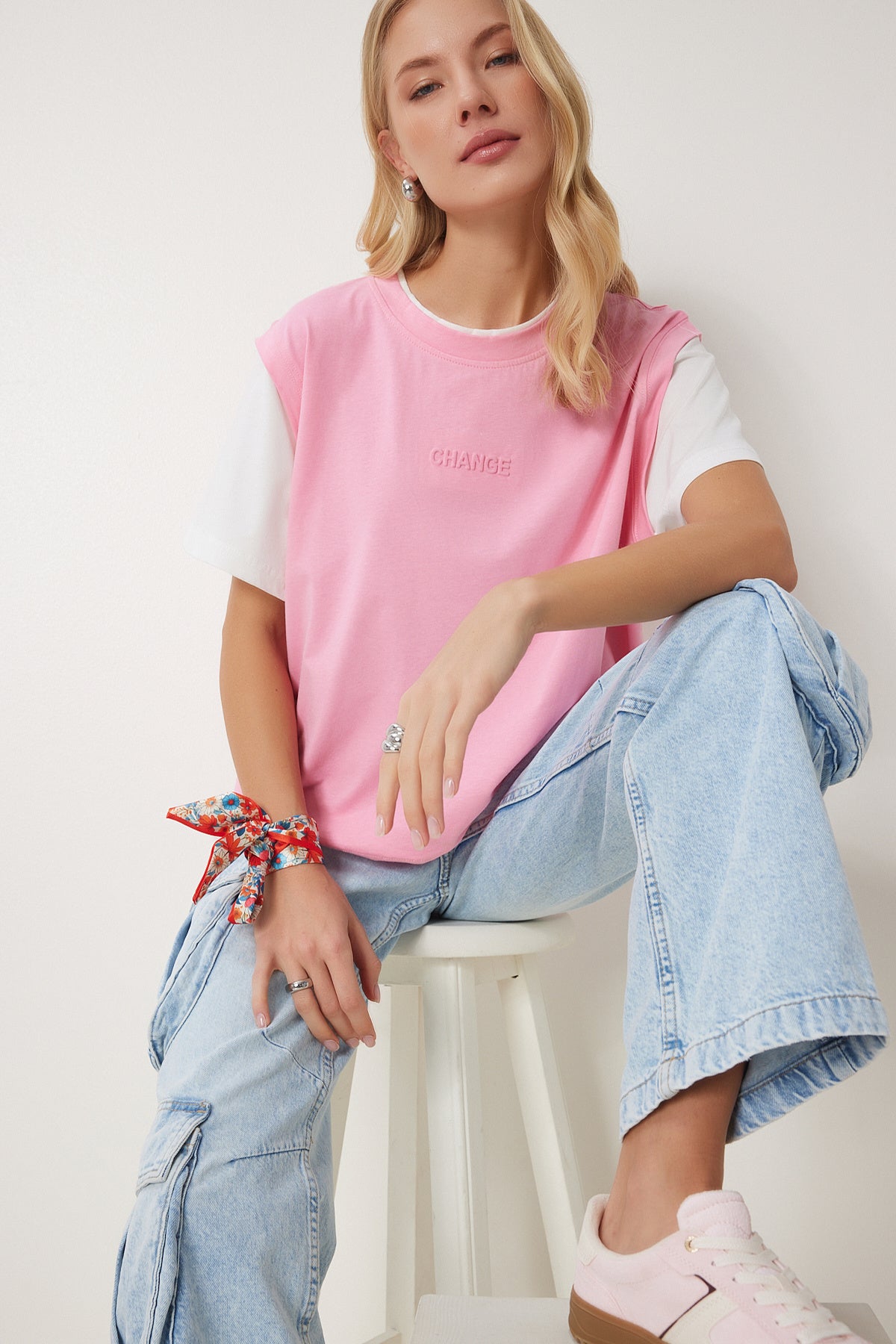 Pembe Kontrast Renkli Pamuklu Örme T-Shirt CR00459